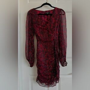 Parker Elegant Silk Red and Black Sheer Long Sleeve Dress